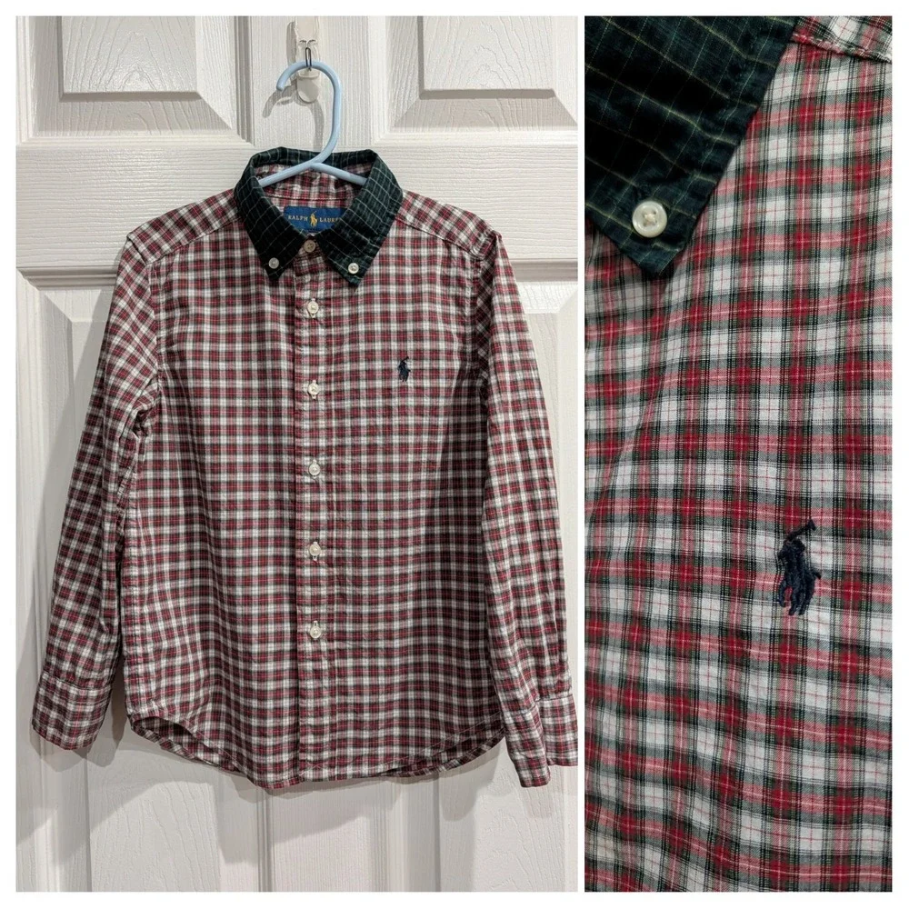 Ralph Lauren Boys Plaid Button‎ Down Shirt Size 5 Preppy 90s Contrast Red Green